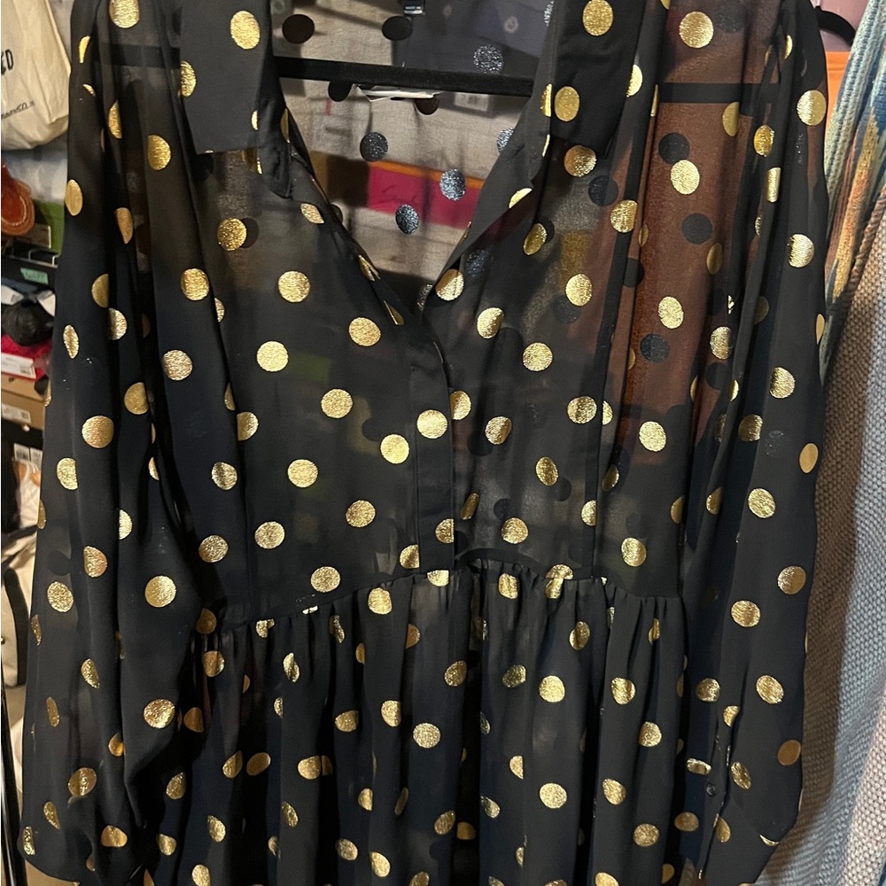 Lane Bryant Black Blouse with Gold Dots